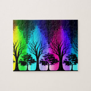 Black Silhouette Trees and Rainbow Background Jigsaw Puzzle