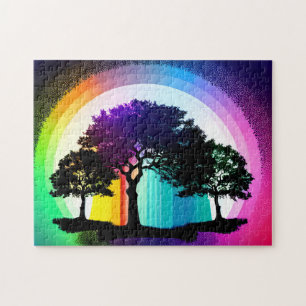 Black Silhouette Trees and Rainbow Background Jigsaw Puzzle