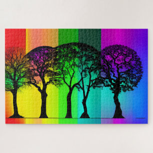 Black Silhouette Trees in front of Rainbow Colors Jigsaw Puzzle