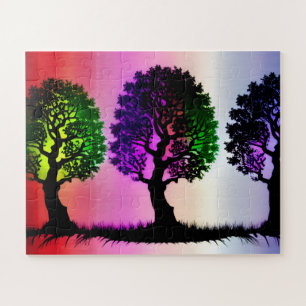 Black Silhouette Trees with Colourful Sky Backdrop Jigsaw Puzzle