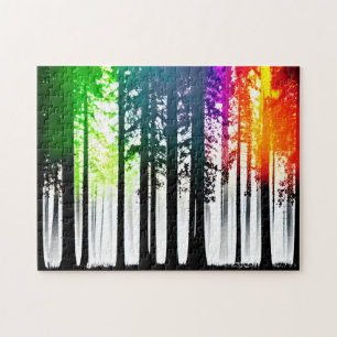 Black Silhouette Trees with Green Purple Orange Jigsaw Puzzle