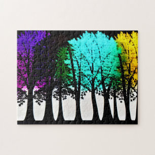 Black Silhouette Trees with Purple Aqua and Yellow Jigsaw Puzzle