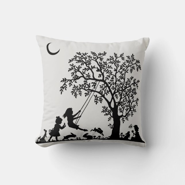 Black Silhouette Vintage Style Bunnies Cushion (Front)