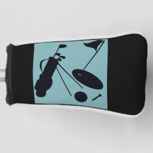 Black silhouettes of golf items on blue background head cover