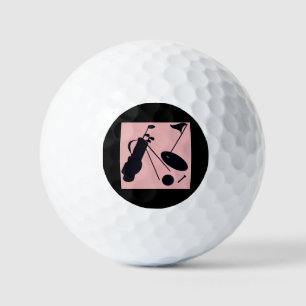 Black silhouettes of golf items on pink background balls