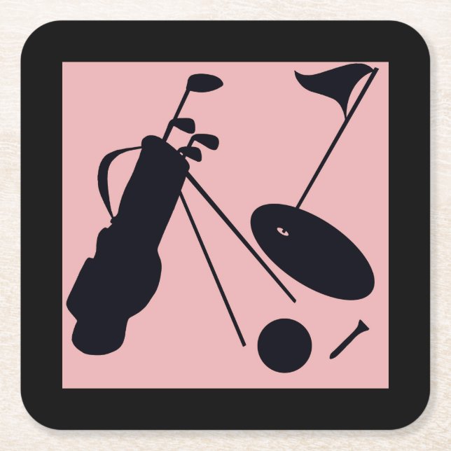 Black silhouettes of golf items on pink background square paper coaster (Front)