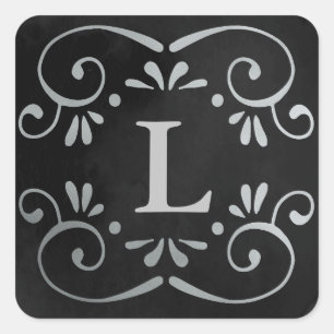 Black silk silver faux foil flourish monogram square sticker