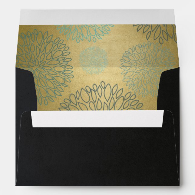 BLACK SILK VELVET GOLD AQUA BLUE FLORAL ADDRESS ENVELOPE (Back (Bottom))