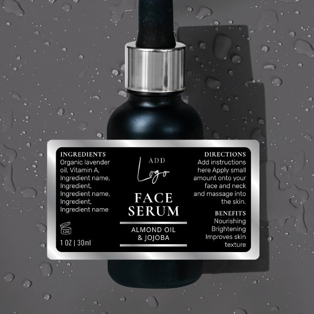 Black Silver 1 OZ 30ml Cosmetic Bottle Waterproof (Modern black and silver 1 OZ dropper bottle waterproof label *verify size*)