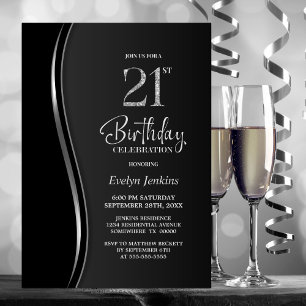 Black Silver 21st Birthday Party Invitation