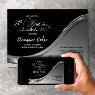 Black Silver 21st Birthday Party Invitation