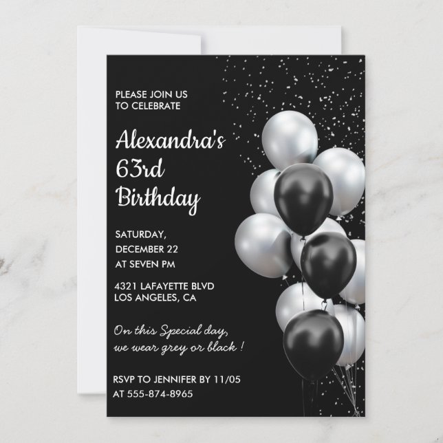 Black Silver 63rd birthday invitations Balloons  (Front)