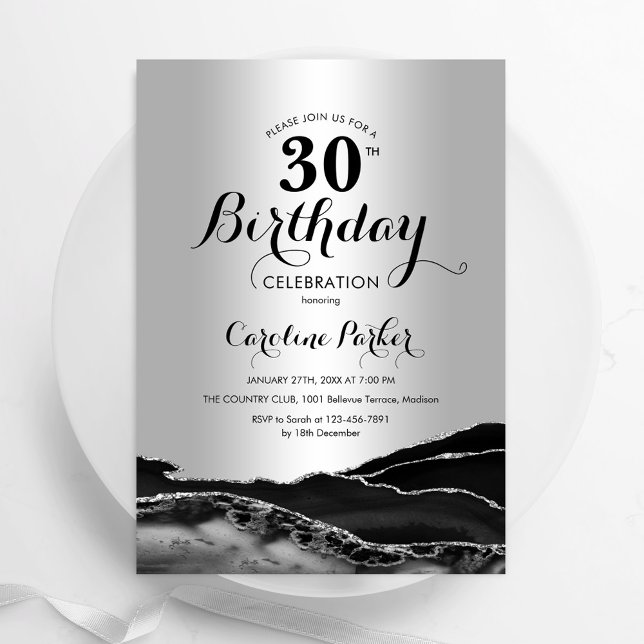 Black Silver Agate 30th Birthday Invitation (Creator Uploaded)
