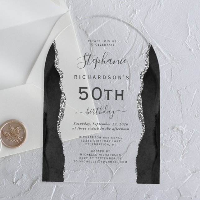 Black Silver Agate 50th Birthday Arch Acrylic Invitations (Creator Uploaded)