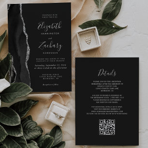 Black Silver Agate Dark QR Code Wedding Invitation