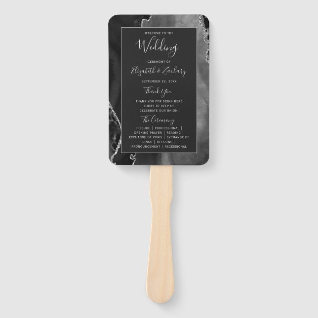Black Silver Agate Dark Wedding Program Hand Fan (Front)
