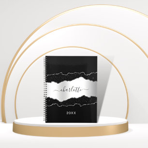 Black silver agate marble glitter name script 2026 planner