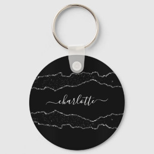 Black silver agate marble name script key ring