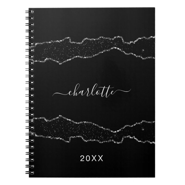 Black silver agate marble name script notebook (Front)