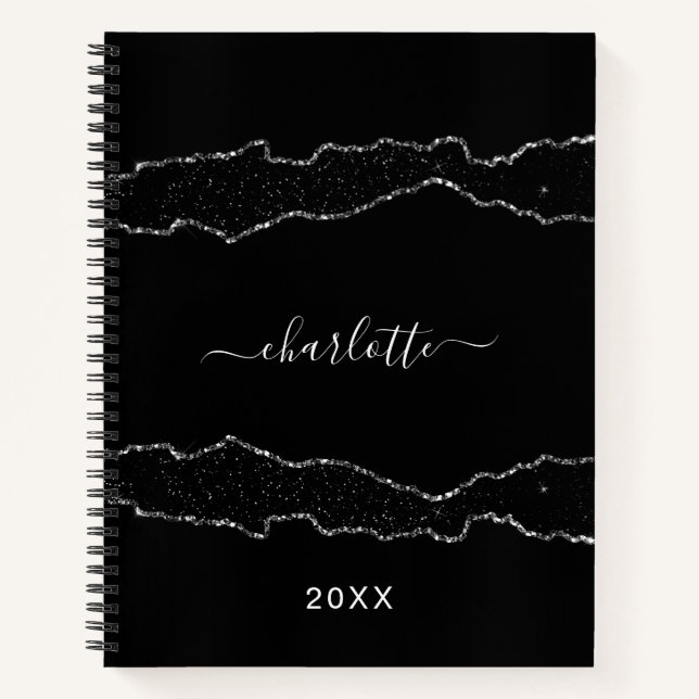 Black silver agate marble name script notebook (Front)
