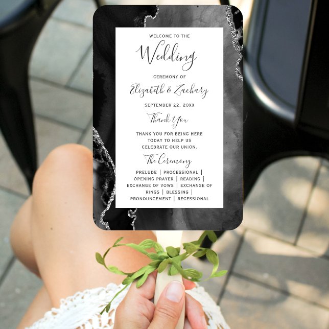 Black Silver Agate Wedding Program Hand Fan (Creator Uploaded)