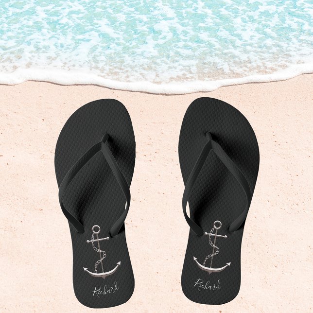 Black silver anchor yacht boat name thongs (Creator Uploaded)