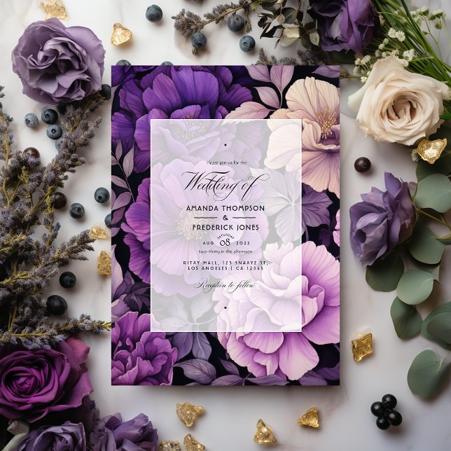 Black, Silver and Dark Purple Floral Wedding Invitation (Creator Uploaded)