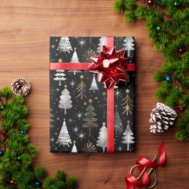 Black, Silver and Gold Christmas Trees Wrapping Paper (Holiday Gift)