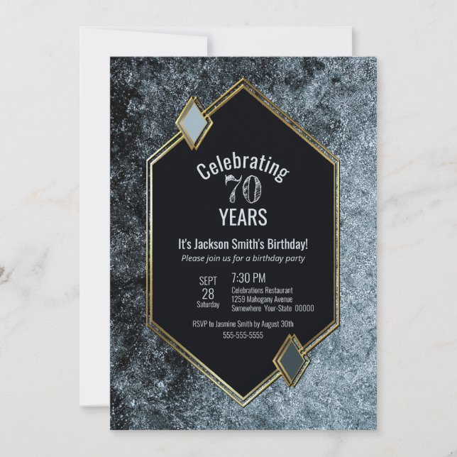 Black Silver and Gold Framed 70th Birthday Party Invitation (Front)