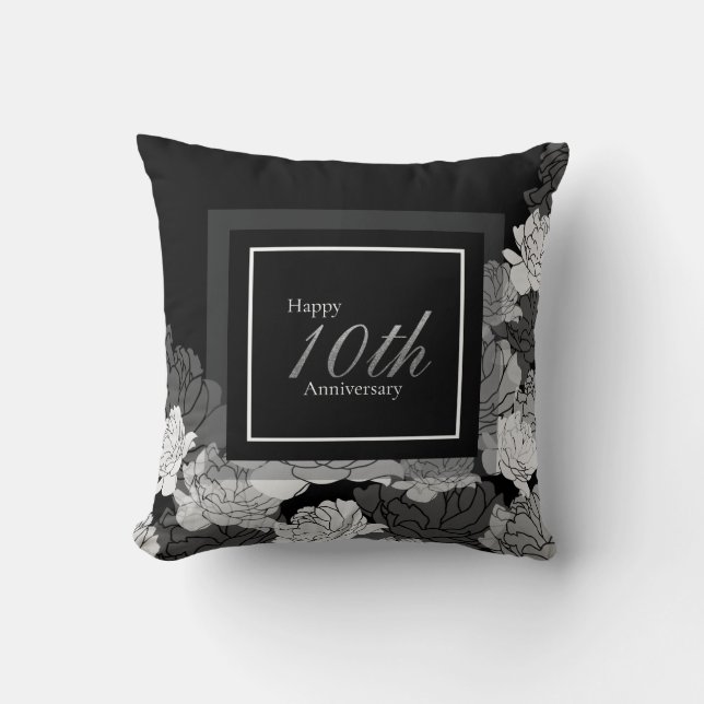 Black, silver, and white 10th anniversary cushion (Front)