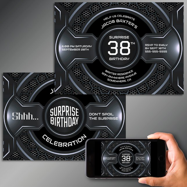 Black Silver Any Age Surprise Birthday Party Invitation (Creator Uploaded)