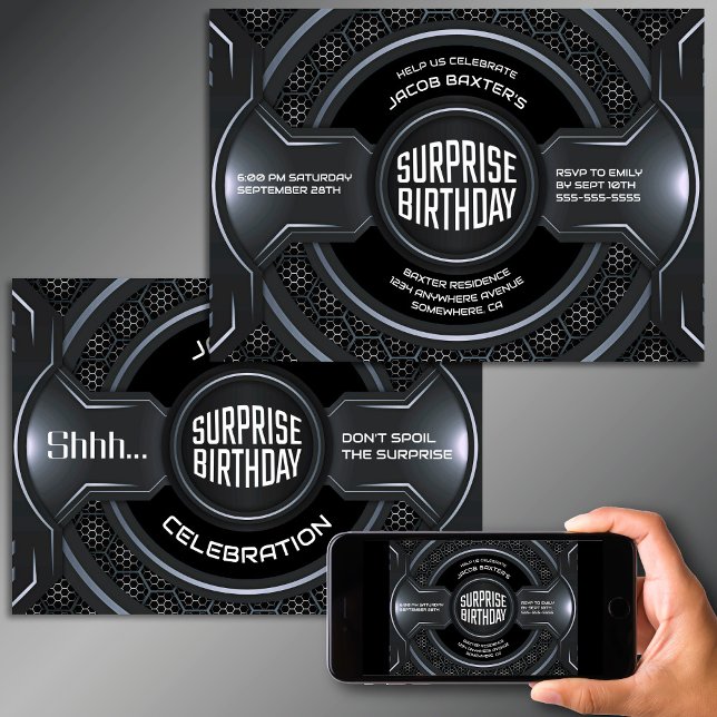 Black Silver Any Age Surprise Birthday Party Invitation (Creator Uploaded)