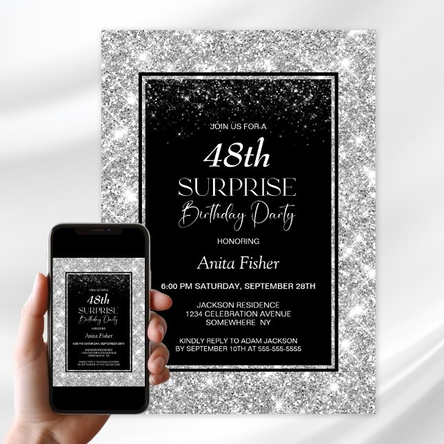 Black Silver Any Age Surprise Birthday Party Invitation (Creator Uploaded)