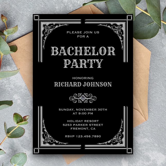 Black Silver Art Deco Bachelor Party Invitation (Creator Uploaded)