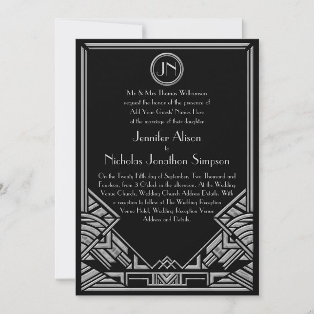 Black Silver Art Deco Gatsby Style Wedding Invites (Front)