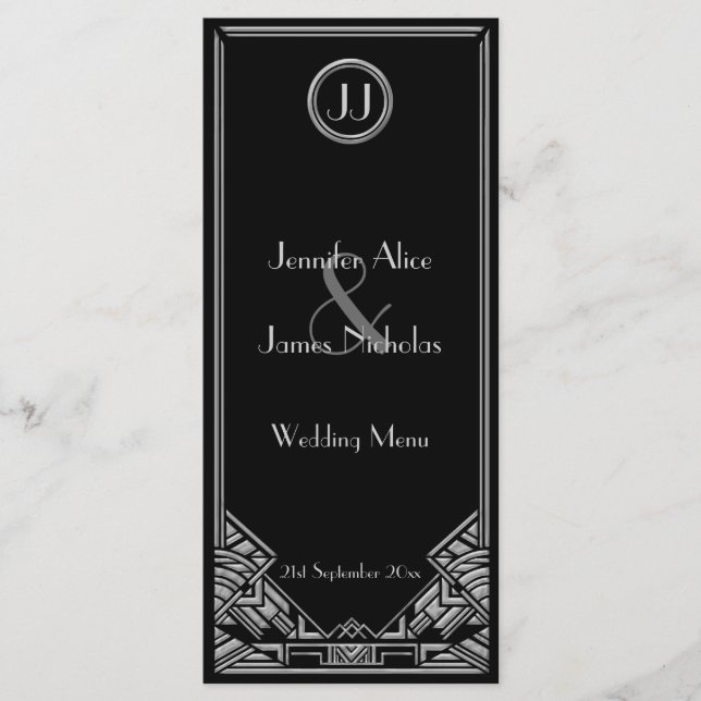 Black Silver Art Deco Gatsby Style Wedding Menu (Front)