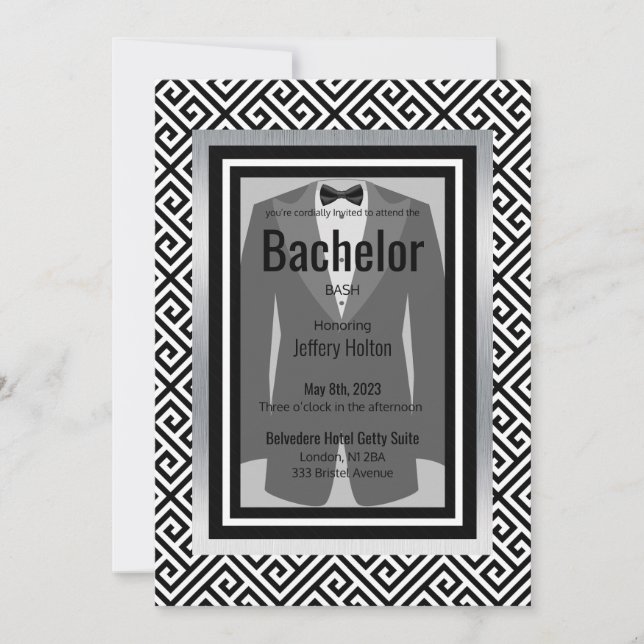 Black, silver bachelor party custom save the date (Front)