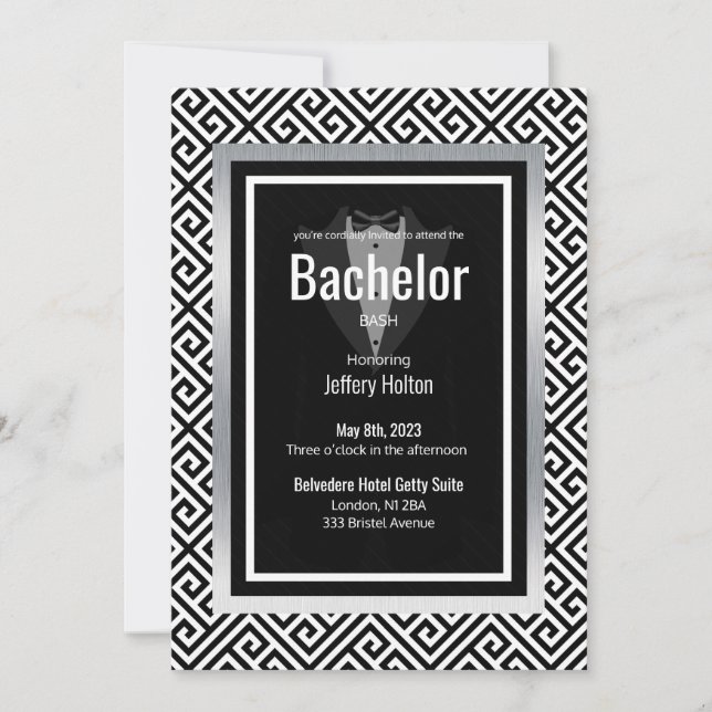 Black, silver bachelor party custom save the date (Front)