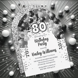 Black Silver Balloon Arch 80th Birthday Party Invitation