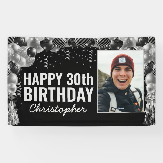 Black Silver Balloon Confetti Photo Happy Birthday Banner (Horizontal)