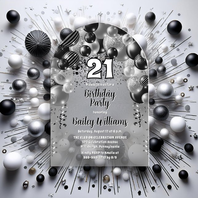 Black Silver Balloons 21st Birthday Party Acrylic Invitations (Black | Silver Tone Celebration Balloons "21" 21st Birthday Party Acrylic Invitation)