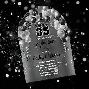 Black Silver Balloons Graduation Party Acrylic Invitations
