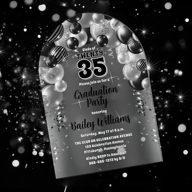 Black Silver Balloons Graduation Party Acrylic Invitations (Black and Silver-Tone Balloons Class Year Graduation Party Acrylic Invitations)