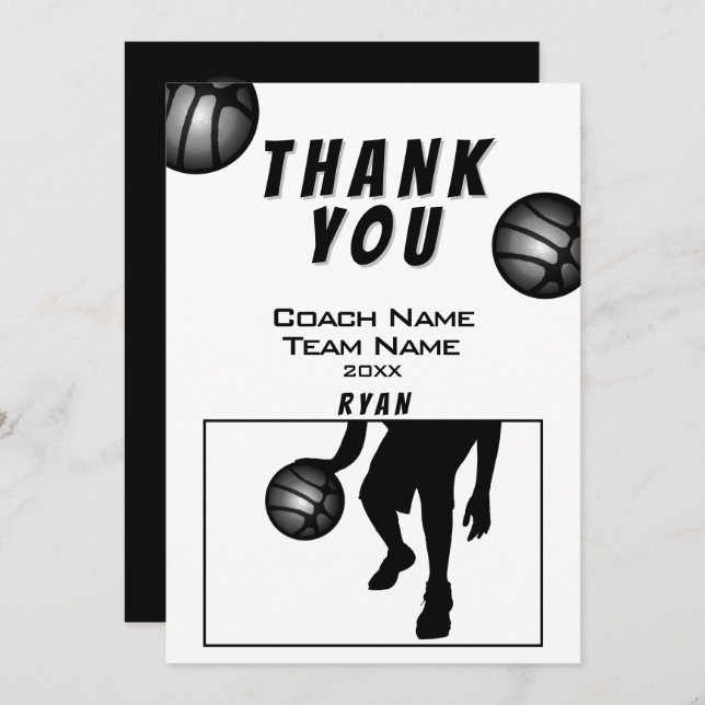 Black Silver Basketball Thank you Coach Card (Front/Back)
