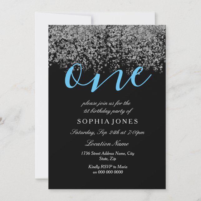 Black Silver Blue Boys 1st Birthday Party Invite (Front)