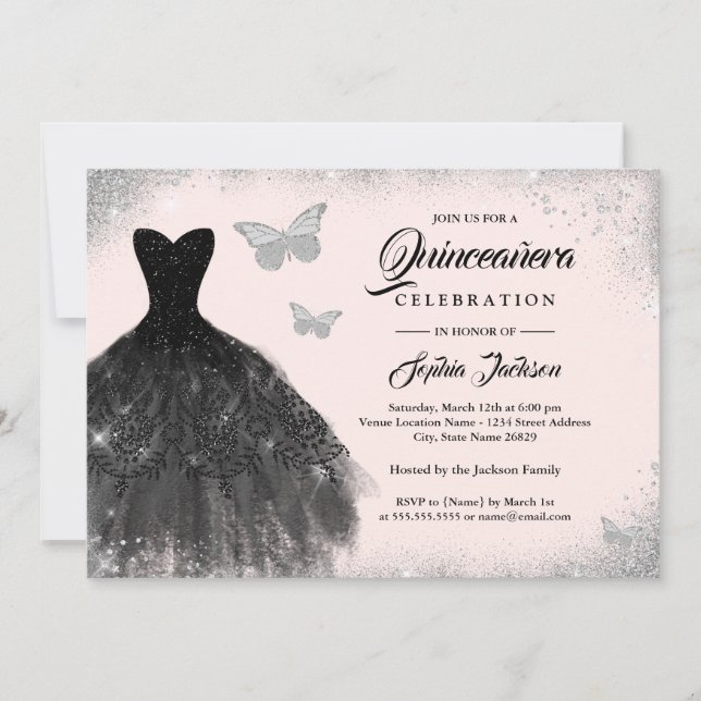 Black Silver Blush Dress Butterfly Quinceanera Invitation (Front)