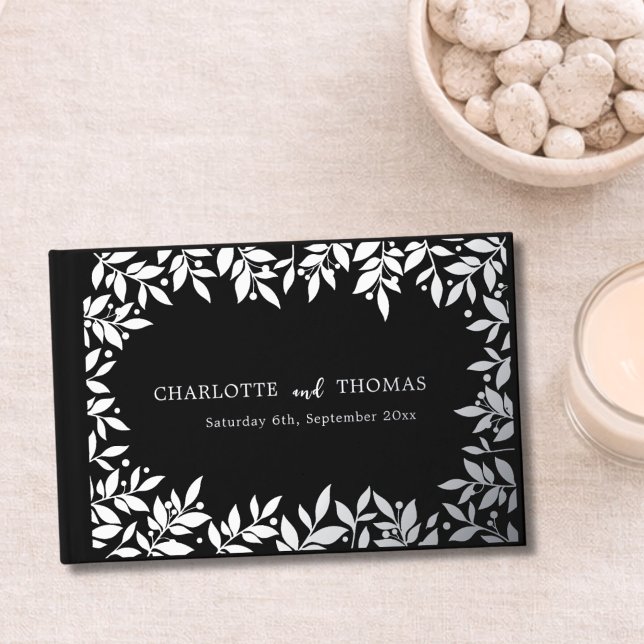 Black silver botanical luxury wedding  guest book (Creator Uploaded)