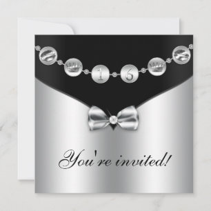 Black & Silver Bowed Charm Sweet Sixteen Invite
