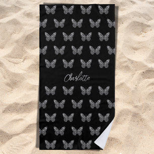 Black silver butterflies pattern name script beach towel