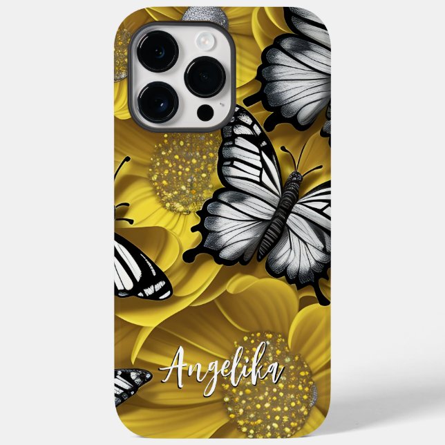 Black Silver Butterfly Yellow Flowers Custom Name Case-Mate iPhone Case (Back)